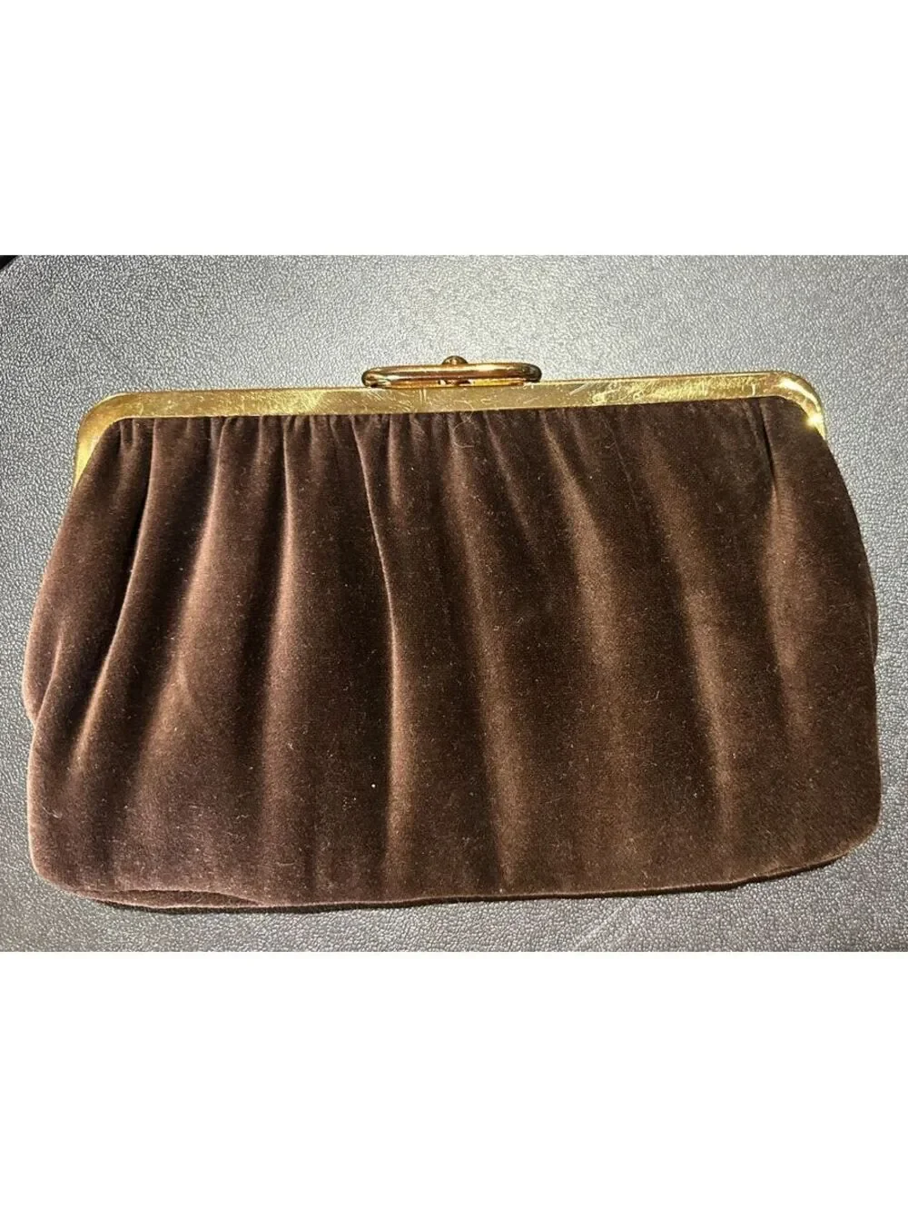 Vintage Brown Velvet Kiss Lock Clutch Purse